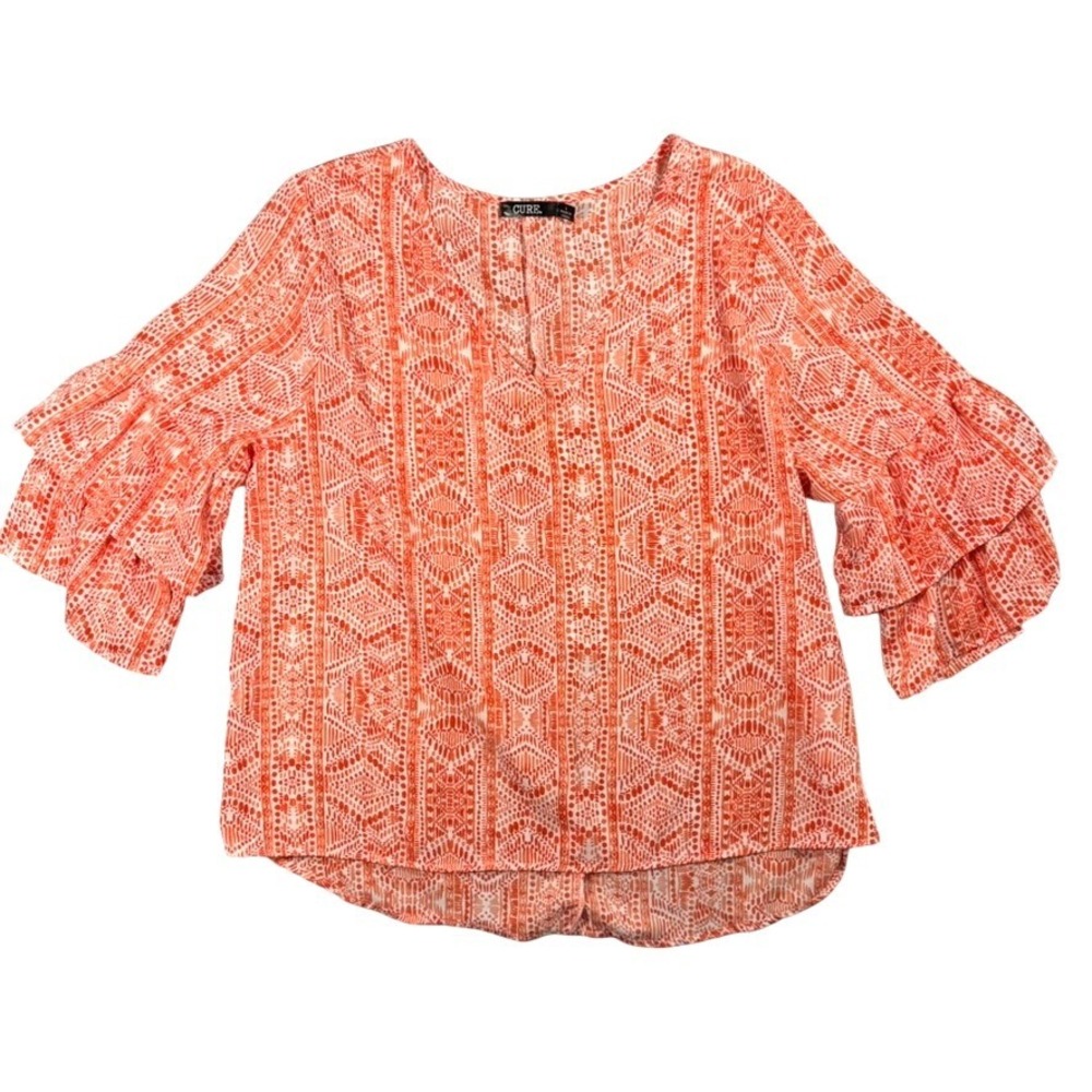 Cure Orange Tribal Geometric Print Top Large Ruffle Sleeve‎ V-Neck Boho Festival